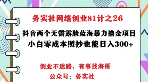 务实社网创81之24：抖音2个无需露脸蓝海暴力项目，小白零成本照抄也能日入300+ 