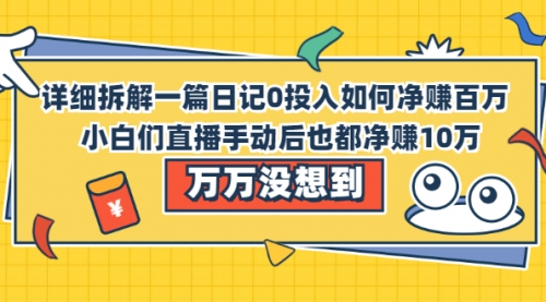 详细拆解一篇日记0投入如何净赚百万，小白们直接手动后也都净赚10万