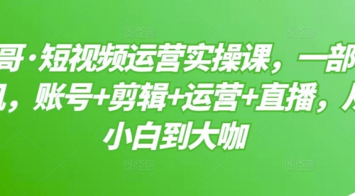 短视频运营实操课，一部手机，账号+剪辑+运营+直播，从小白到大咖