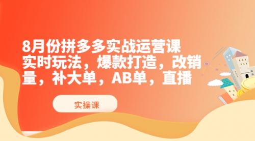 8月份拼多多实战运营课，实时玩法，爆款打造，改销量，补大单，AB单，直播 